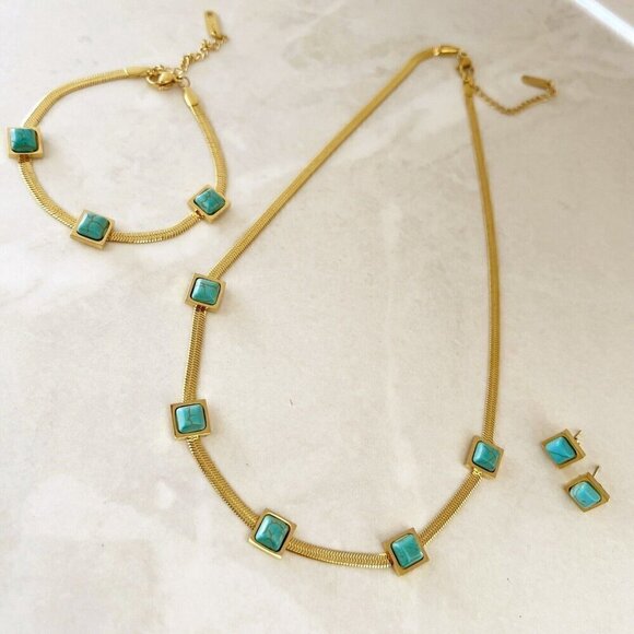 18K Gold Plated herringbone Turquoise Necklace Set Stainless Steel jewelry - Picture 6 of 9